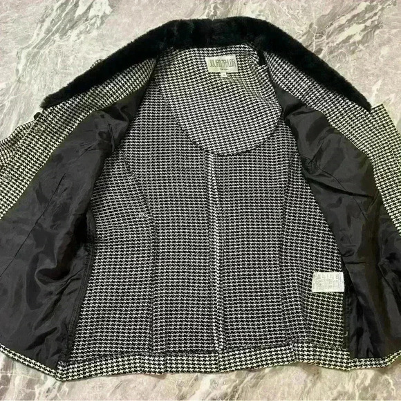 Julian Taylor Vintage Houndstooth Blazer With Faux Fur Collar Size 12 90s Black - Picture 12 of 14